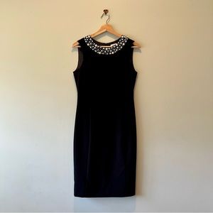 Calvin Klein Black Sheath Dress with Pearl Collar